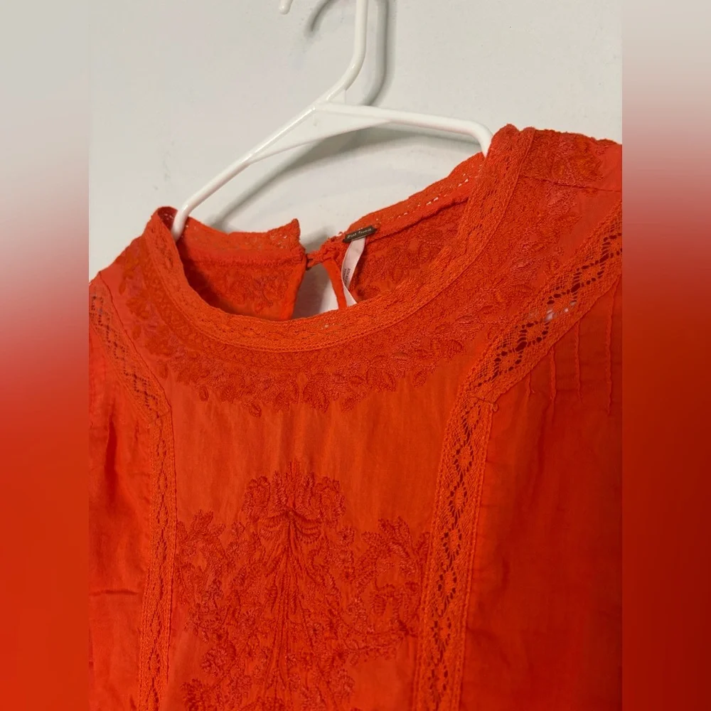 FREE PEOPLE BOHEMIAN CORAL RED EMBROIDERED MINI DRESS SZ 4